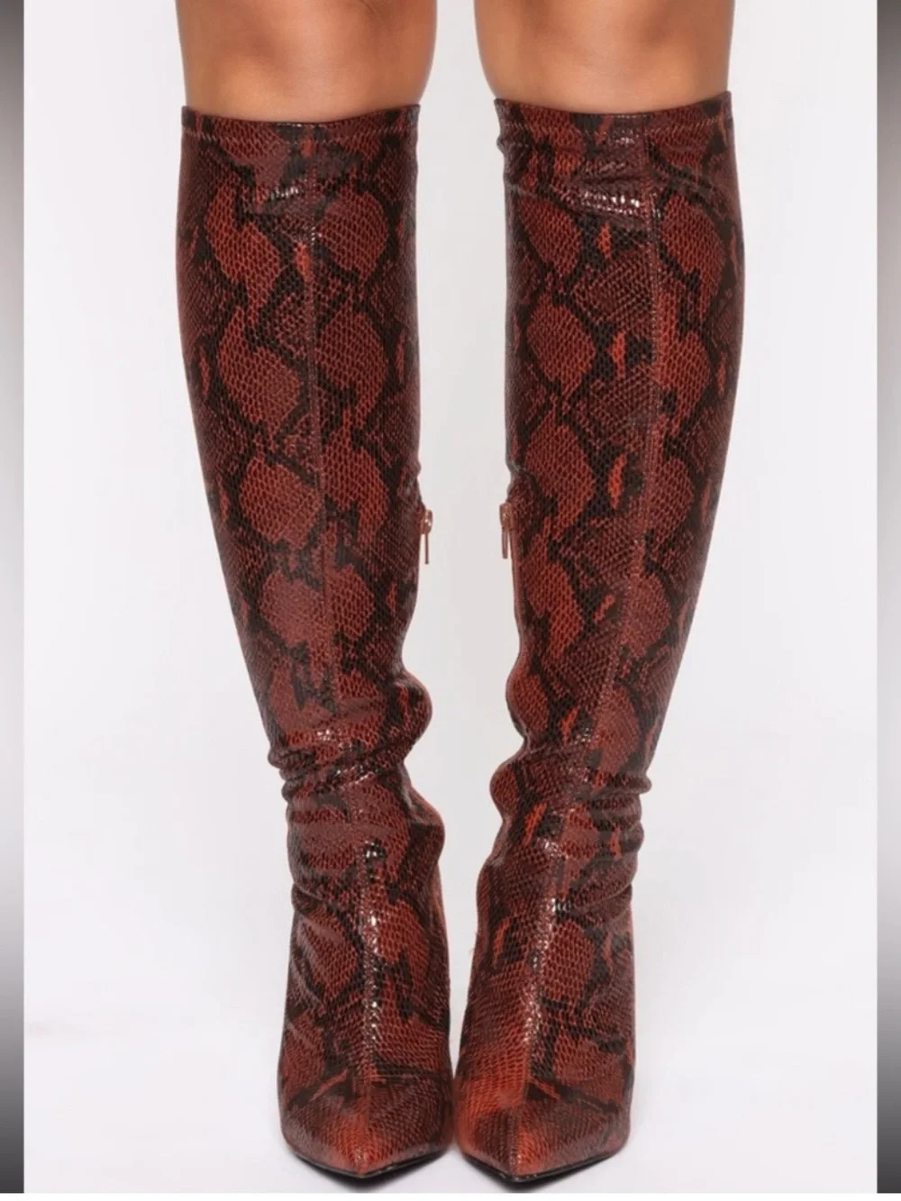 NWOT Fashion Nova Knee-High Snake-Print Boots in Brown